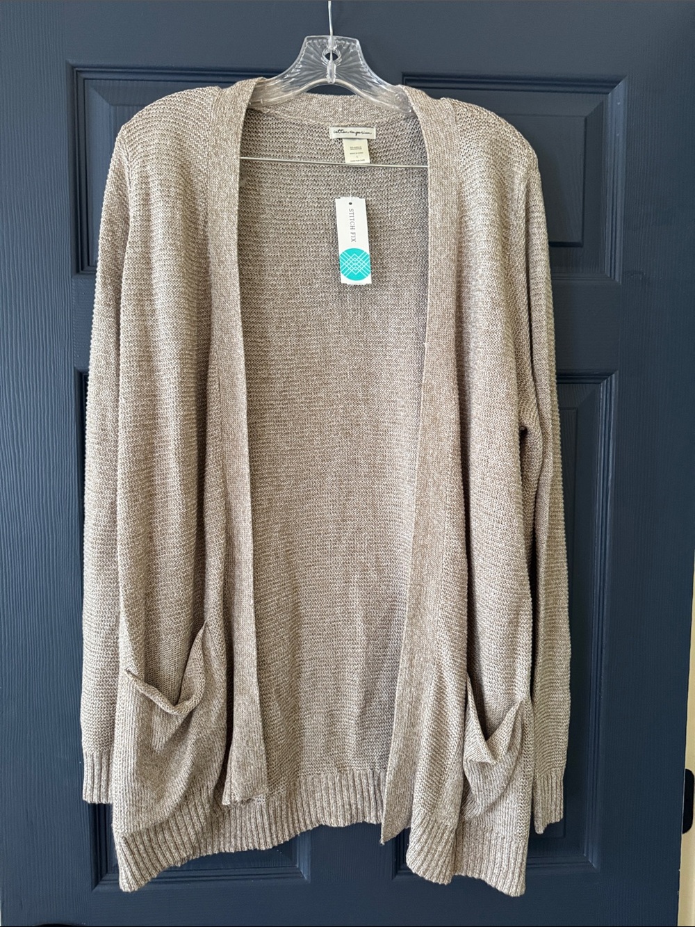 Cotton Emporium Taupe Open-Front Knit Cardigan